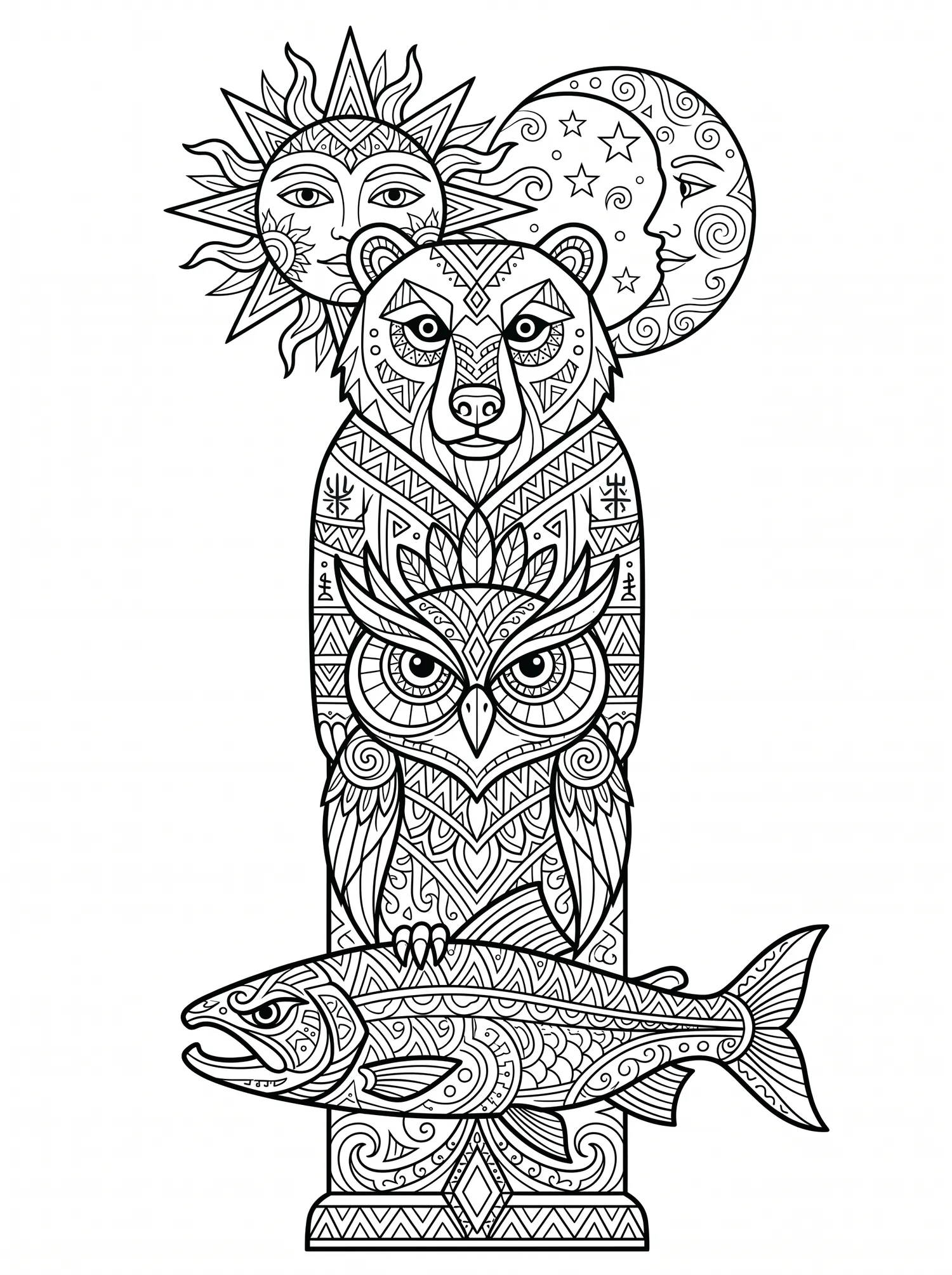 Totem Stylisé d'Animaux, Coloriage art à imprimer gratuitement